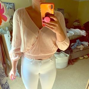 American Eagle Pink Slight Crop Top w/ Sleeves